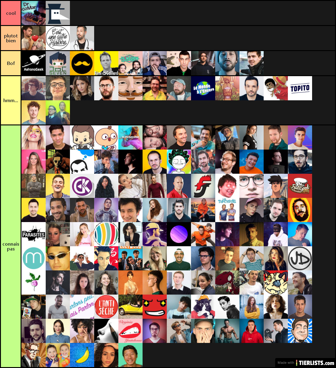 Youtubeurs FR Tier List Maker - TierLists.com